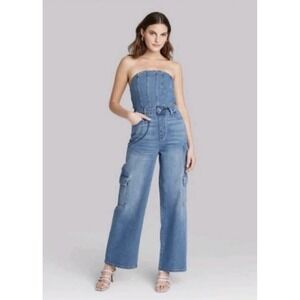 Wild Fable Denim Jean Cargo Jumpsuit Strapless Women's Sz XS Boho Festival